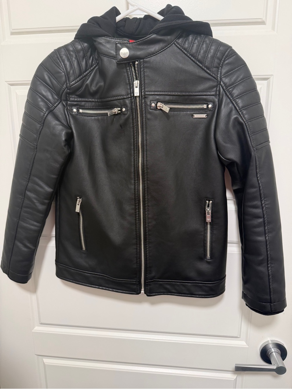Guess Black Kids Faux Leather Hooded Moto Jacket